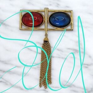Vintage Gold Tone Gripoix Brooch Red Blue Lucite Cabochon Geometric 3.5" x 2.5"